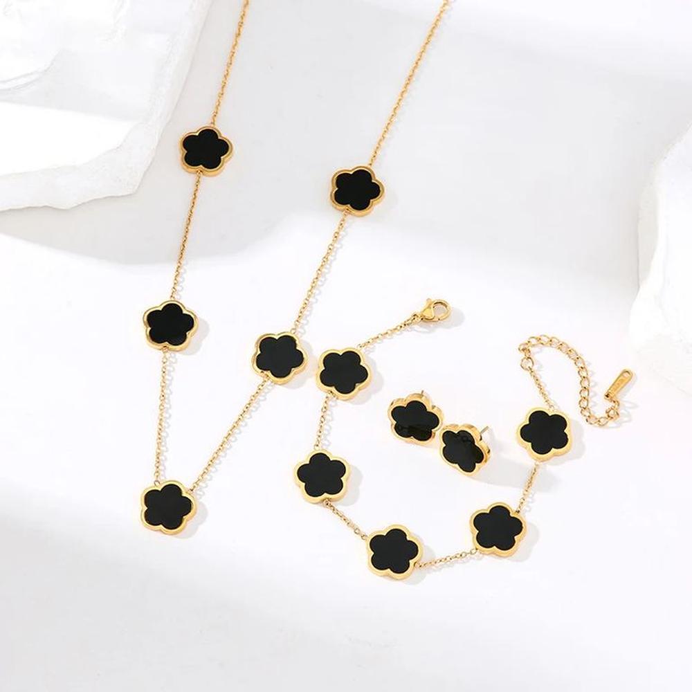 Set Collar Aretes y Pulsera Trébol Negro Cinco Pétalos Mujer Genieka