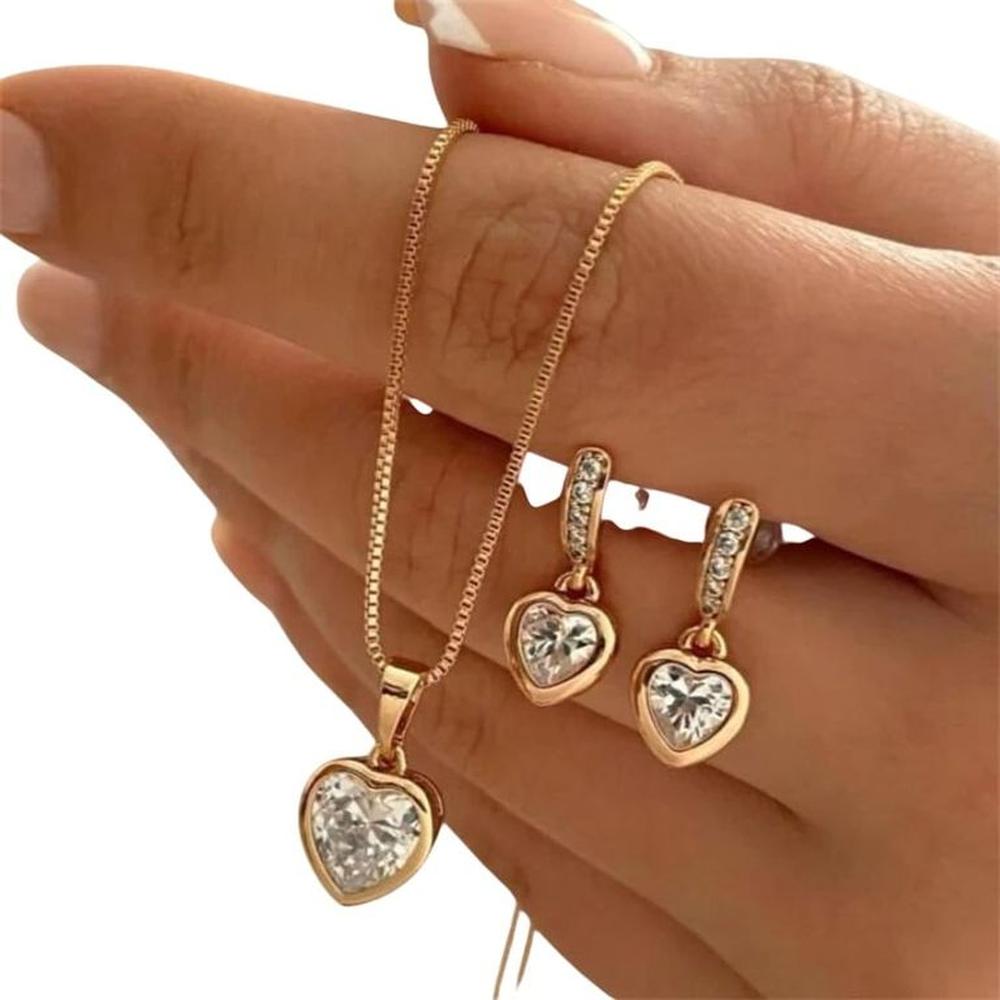 Set Collar Aretes Corazón Cristal Joyas Mujer Cadena Dije Lujo Genieka