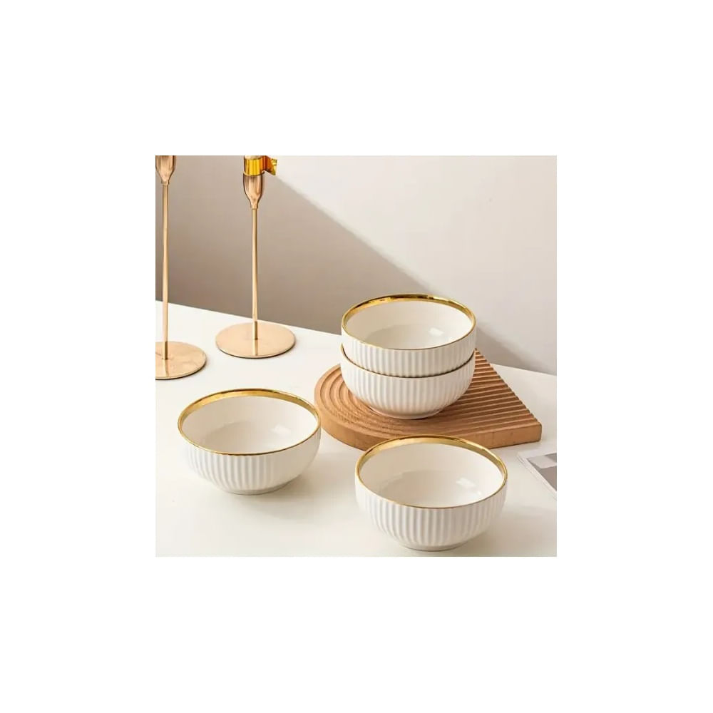 Juego de 4 Tazones Redondos de Ceramica con Borde Dorado.