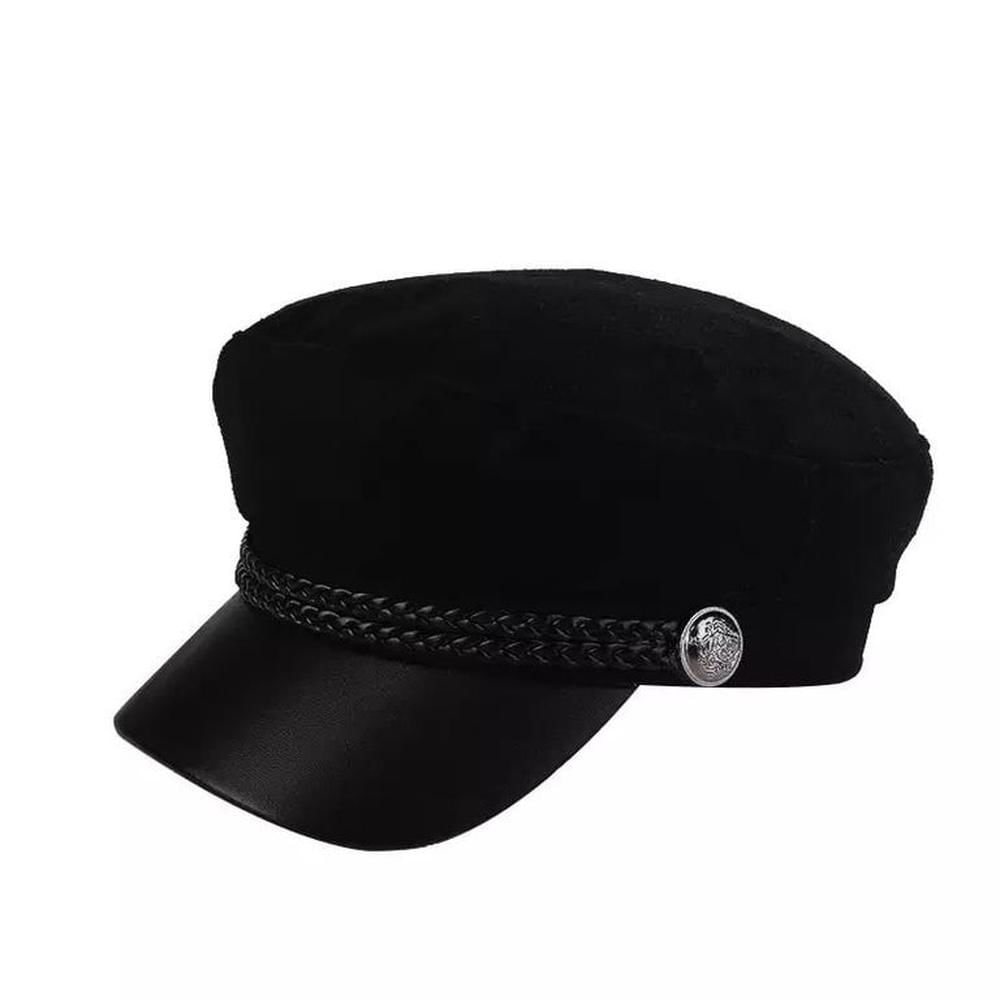 Gorra Boina Militar Inglesa Mujer Pana Cuerina - Negro