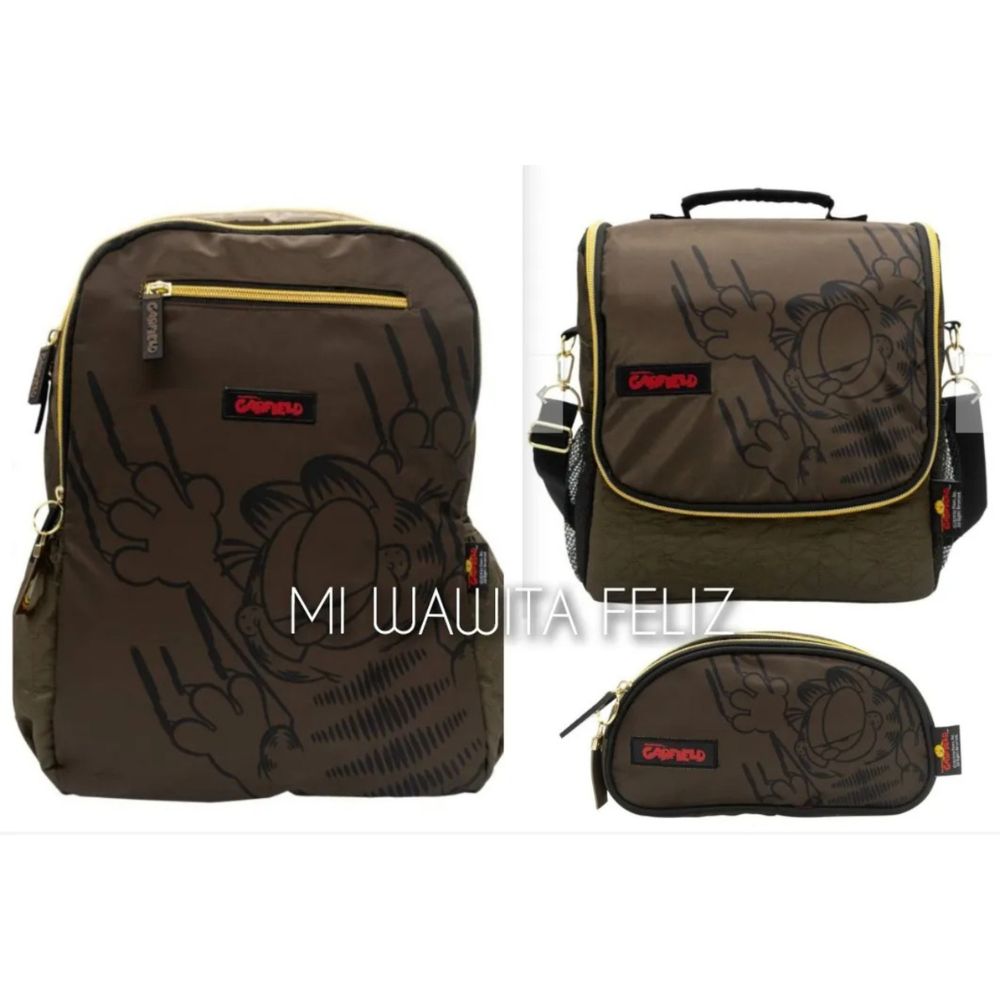 Pack Mochila Oficio Garfield Marrón  Lonchera cartuchera