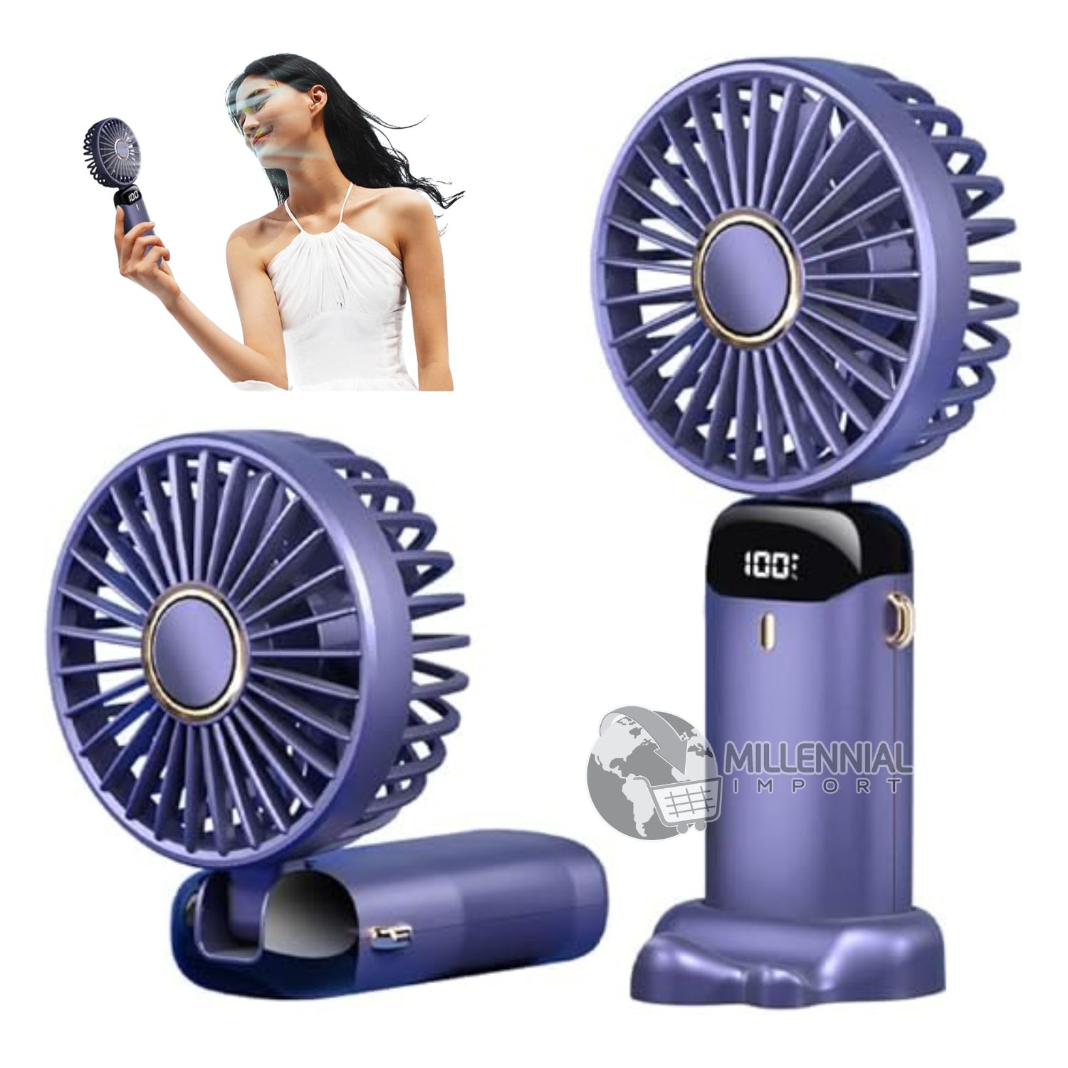 Ventilador Portátil Con Soporte y Pantalla Digital Recargable USB Azul