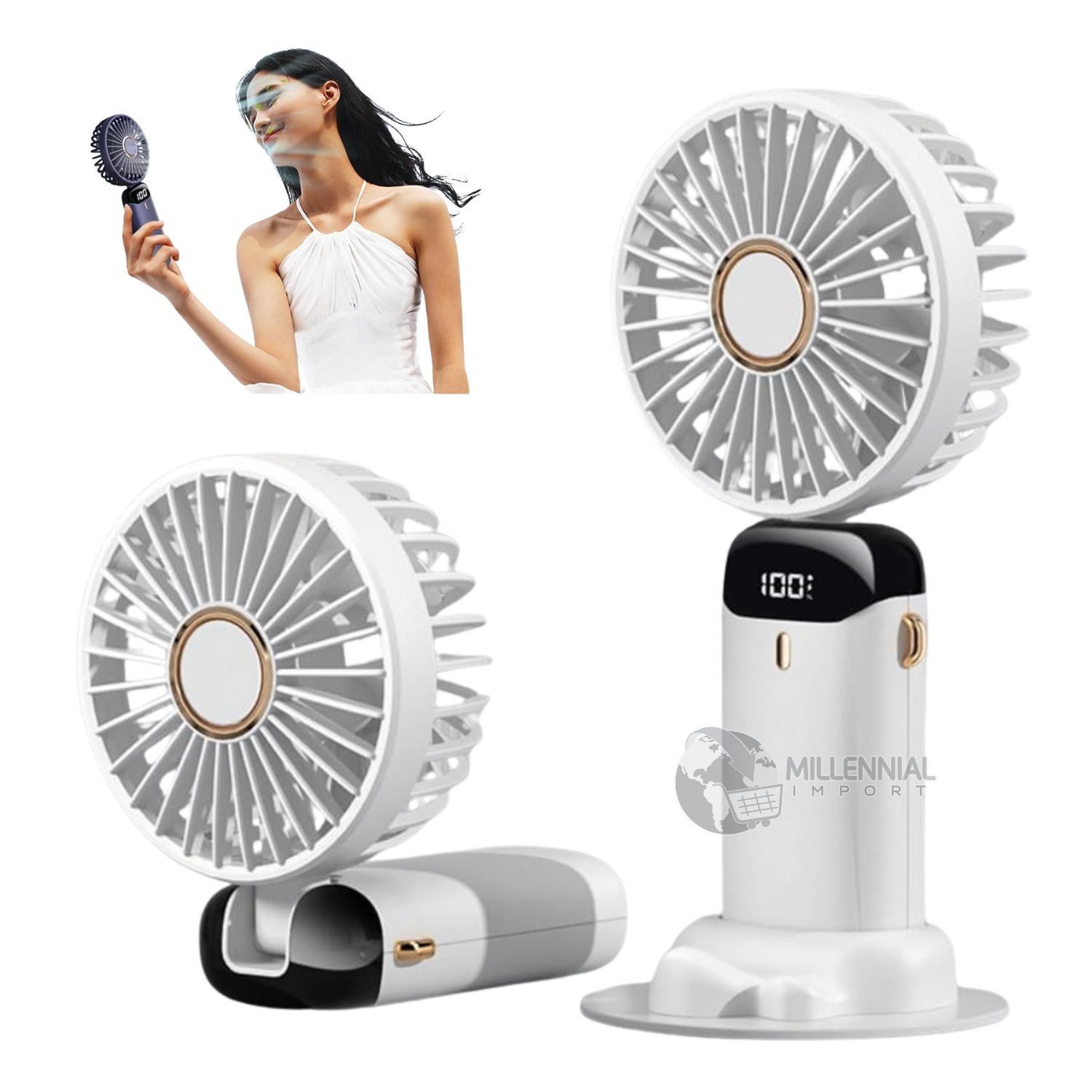 Ventilador Portátil de 3 Velocidades con Base para Celular Blanco