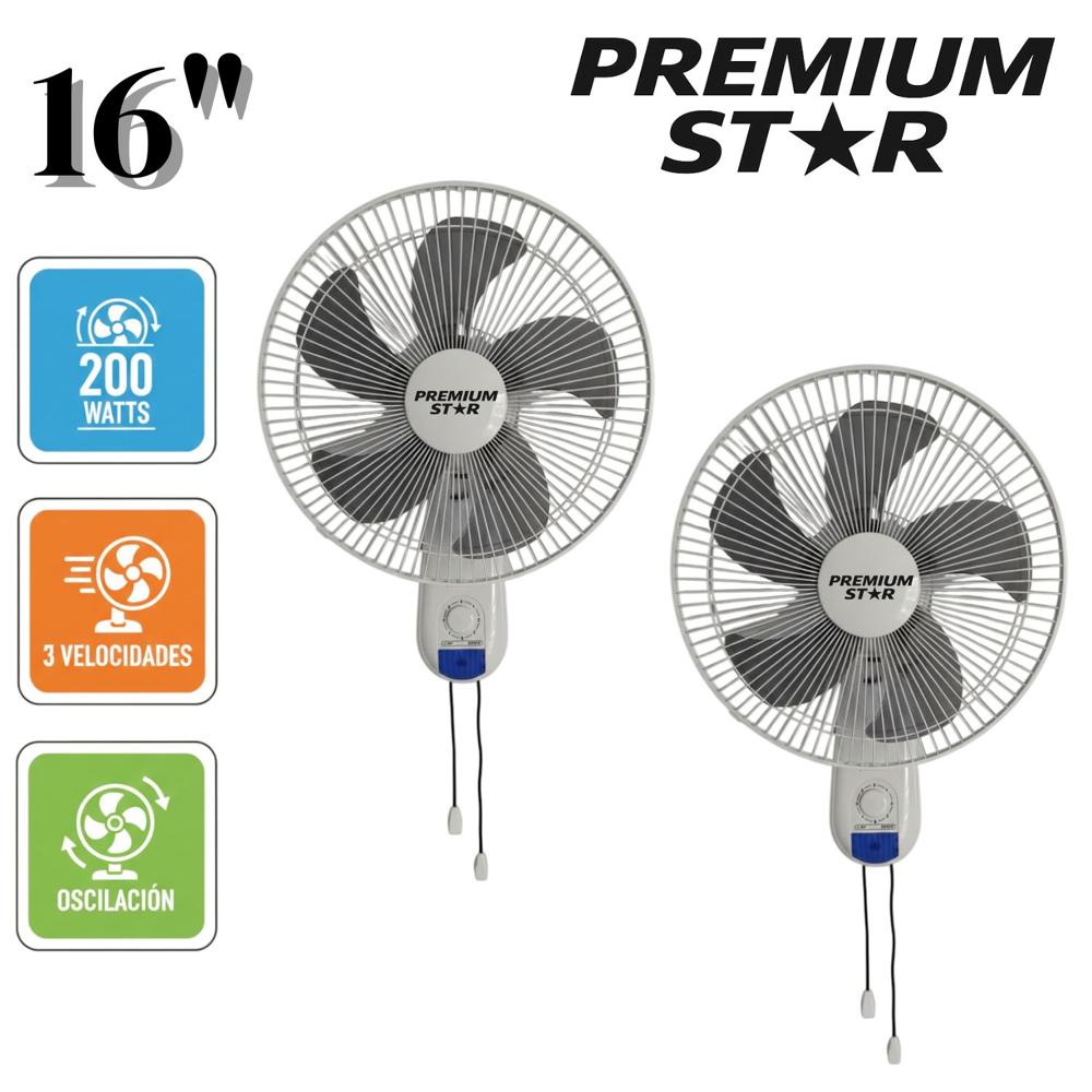 Pack 02 Ventiladores de Pared Premium Star FS 40 16 Pulg 200W Blanco con Cuerda