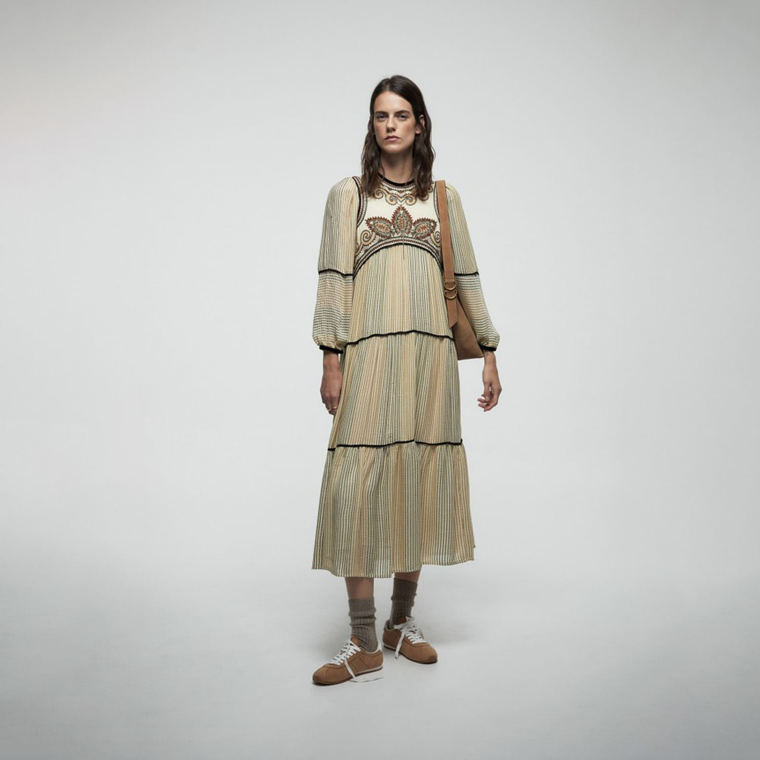 Vestido Largo Mujer Sfera Pechera Largo Beige