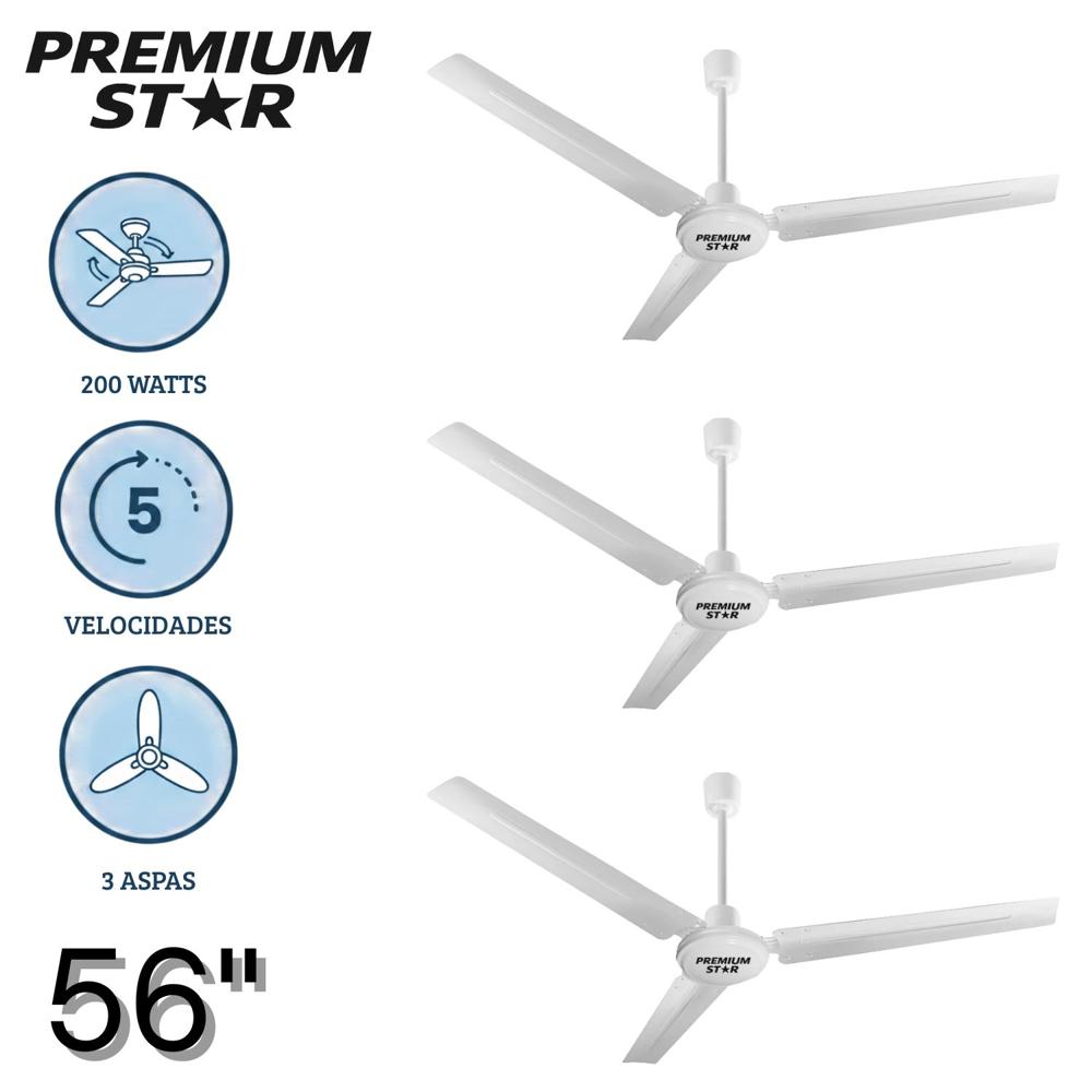 Pack 03 Ventiladores de techo 56 Pulg Premium Star 200 W Blanco