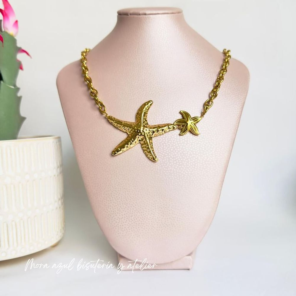 Collar estrellas de mar doradas - Joyas de Mora azul