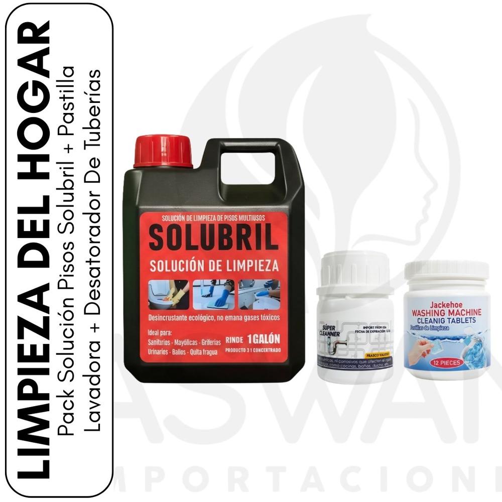 Pack Solución Pisos Solubril + Pastilla Lavadora + Desatorador De Tuberías