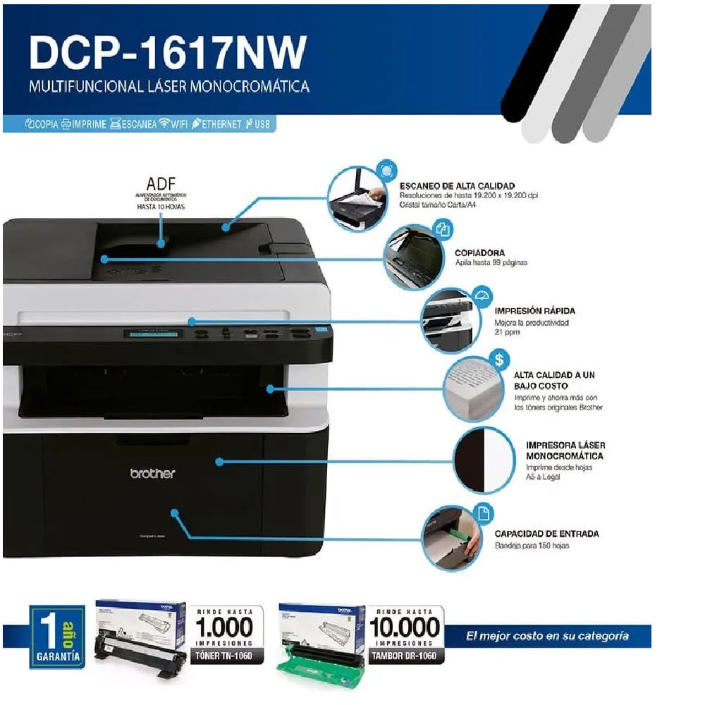 IMPRESORA MULTIFUNCIONAL LASER BROTHER DCP-1617NW WIFI monocromatico ...