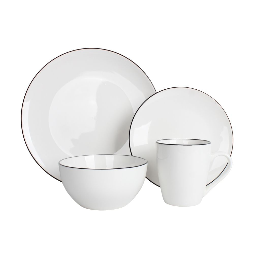 Set de 16 Vajillas de Ceramica Blanca con Borde Negro Orange