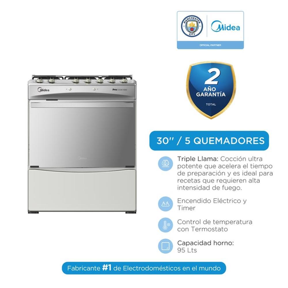 Cocina a Gas Midea MGS30FS2LBBMSS Procook 30’’ 5 Quemadores Acero Inox