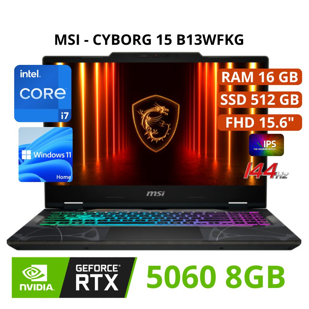 LAPTOP GAMER MSI CYBORG 15 B13WEKG INTEL i7 13620H Ram16GB SSD 512GB RTX 5060 8GB 15.6 FHD WIN 11
