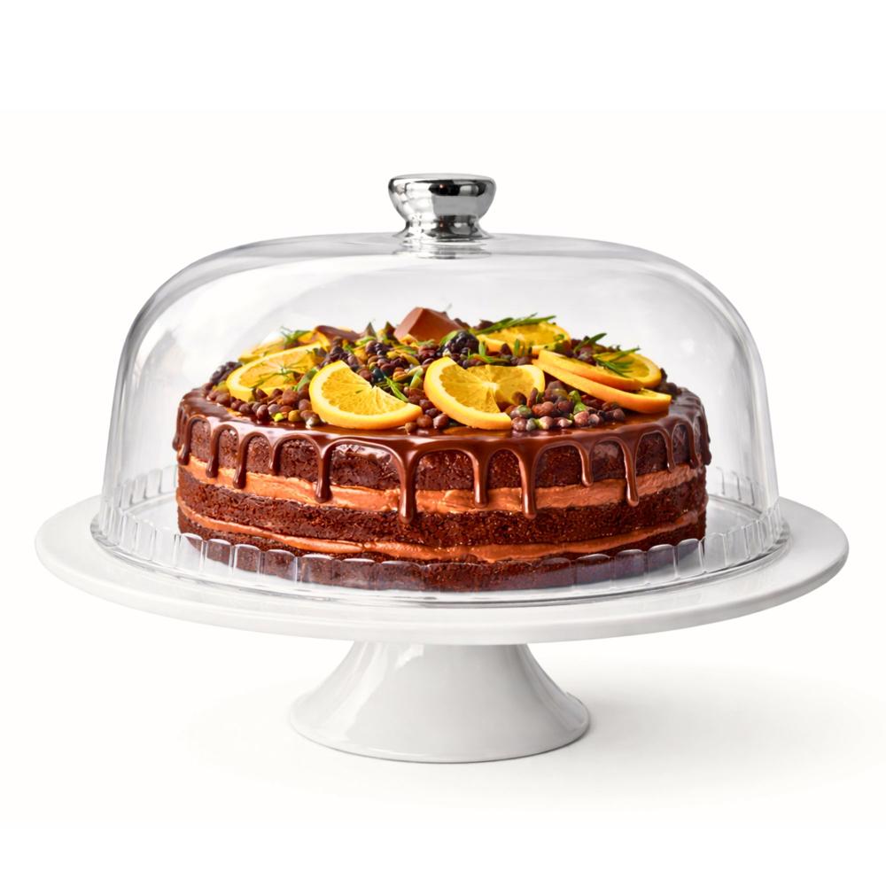 Porta Torta de Loza con Tapa Acrílica Transparente 26 cm Diseño Elegante