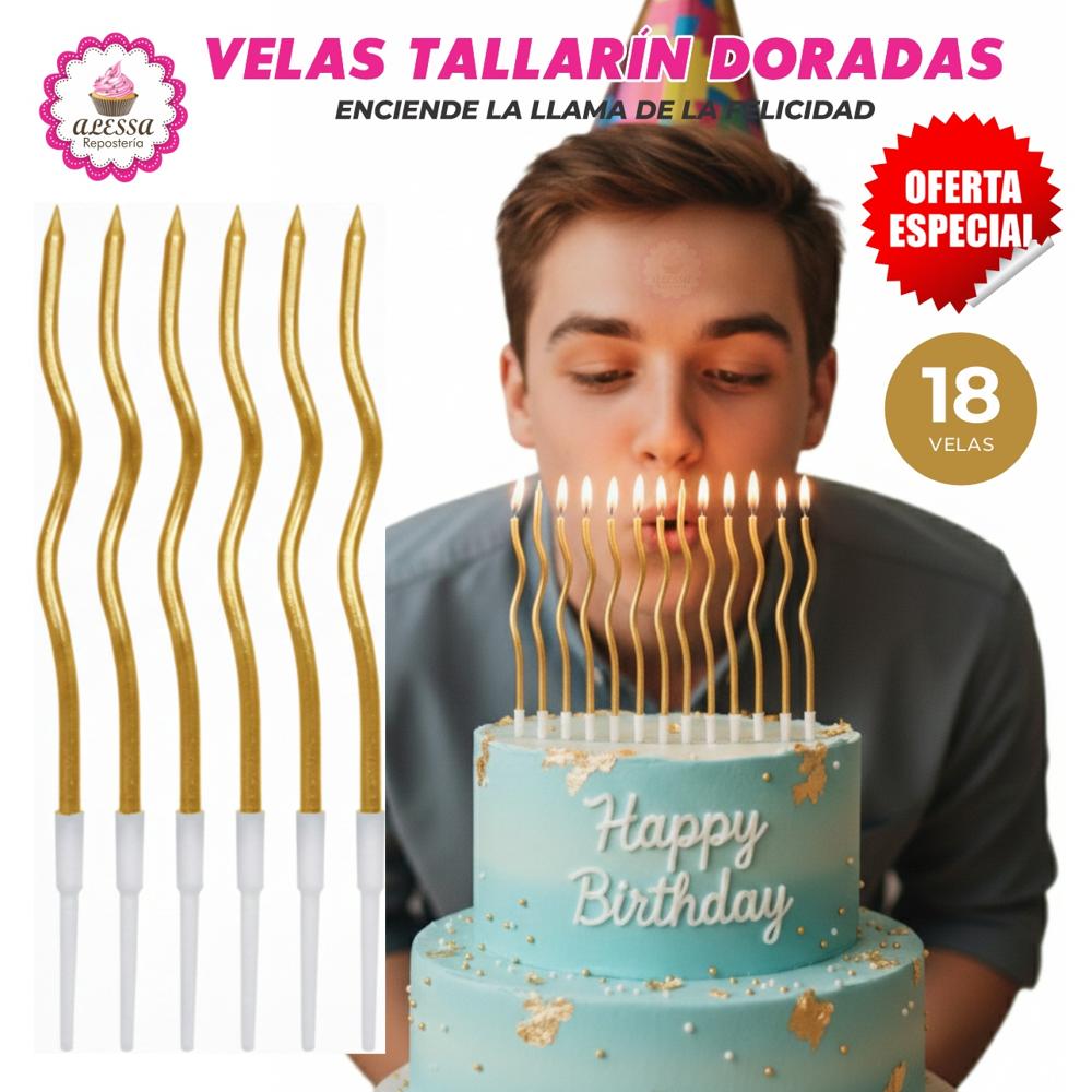 Velas Tallarin Doradas Premium para Cumpleaños Pack de 18 unidades