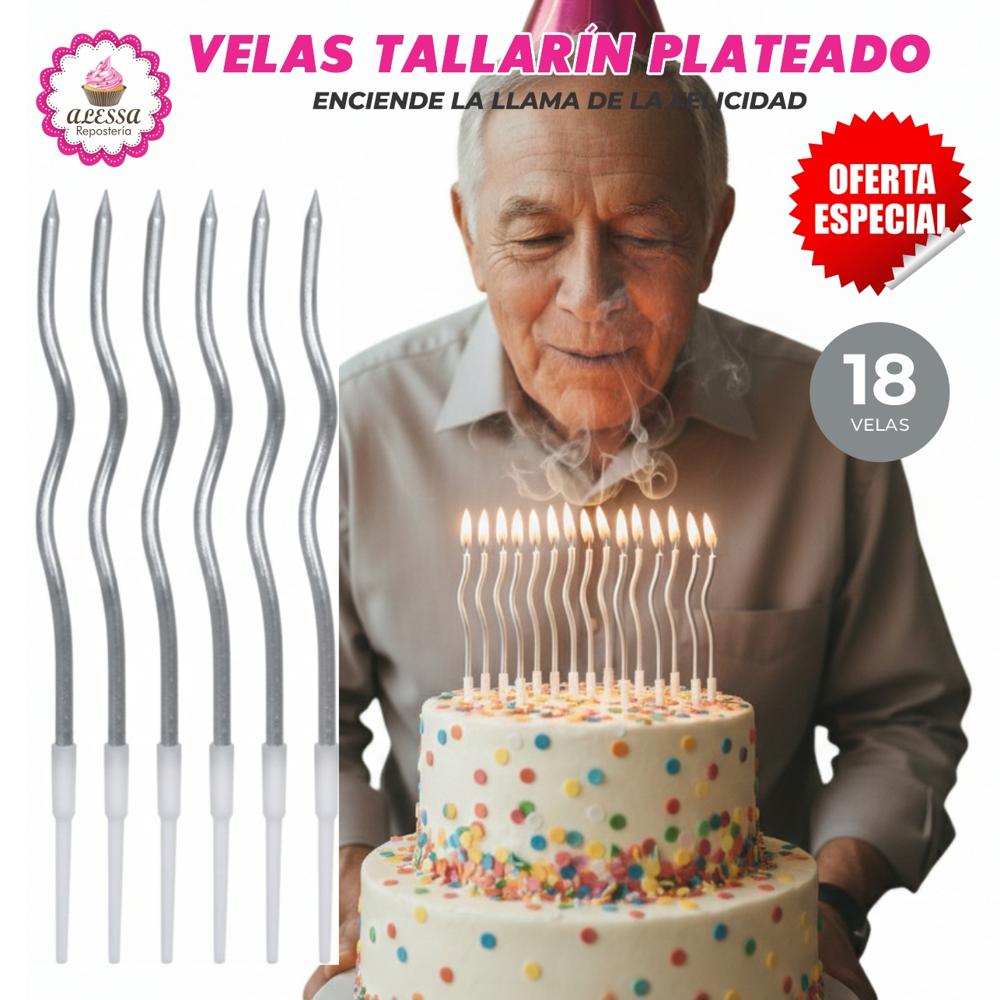 Velas Tallarin Plateadas Premium para Cumpleaños Pack de 18 unidades