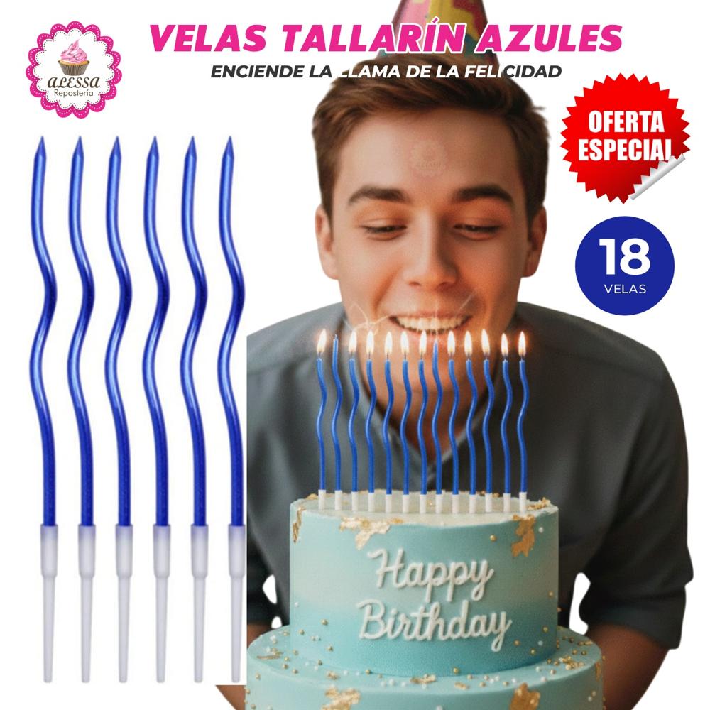 Velas Tallarin Azules Premium para Cumpleaños Pack de 18 unidades