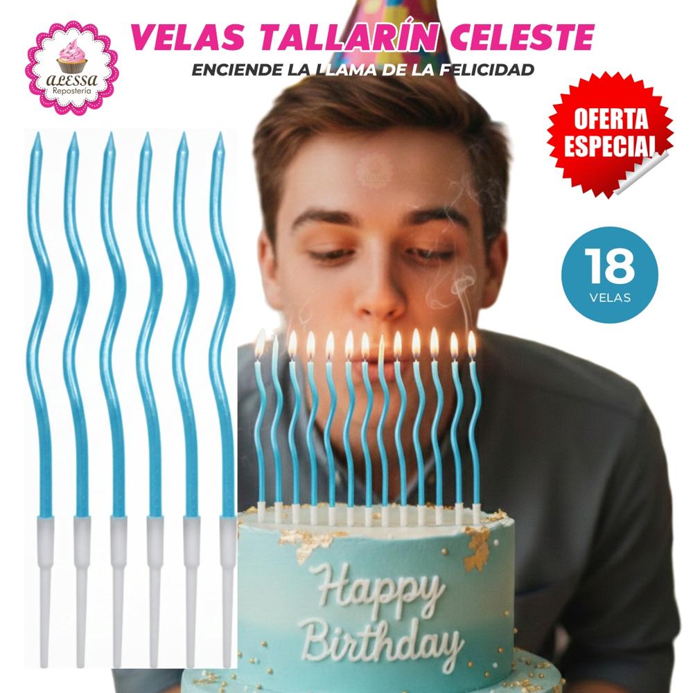 Velas Tallarin Celestes Premium para Cumpleaños Pack de 18 unidades