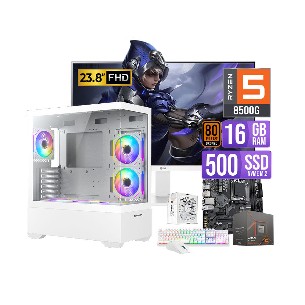 PC Gamer Ryzen 5 8500G 16GB DDR5 SSD 500GB Monitor LG 23.8 FHD 100Hz Blanco