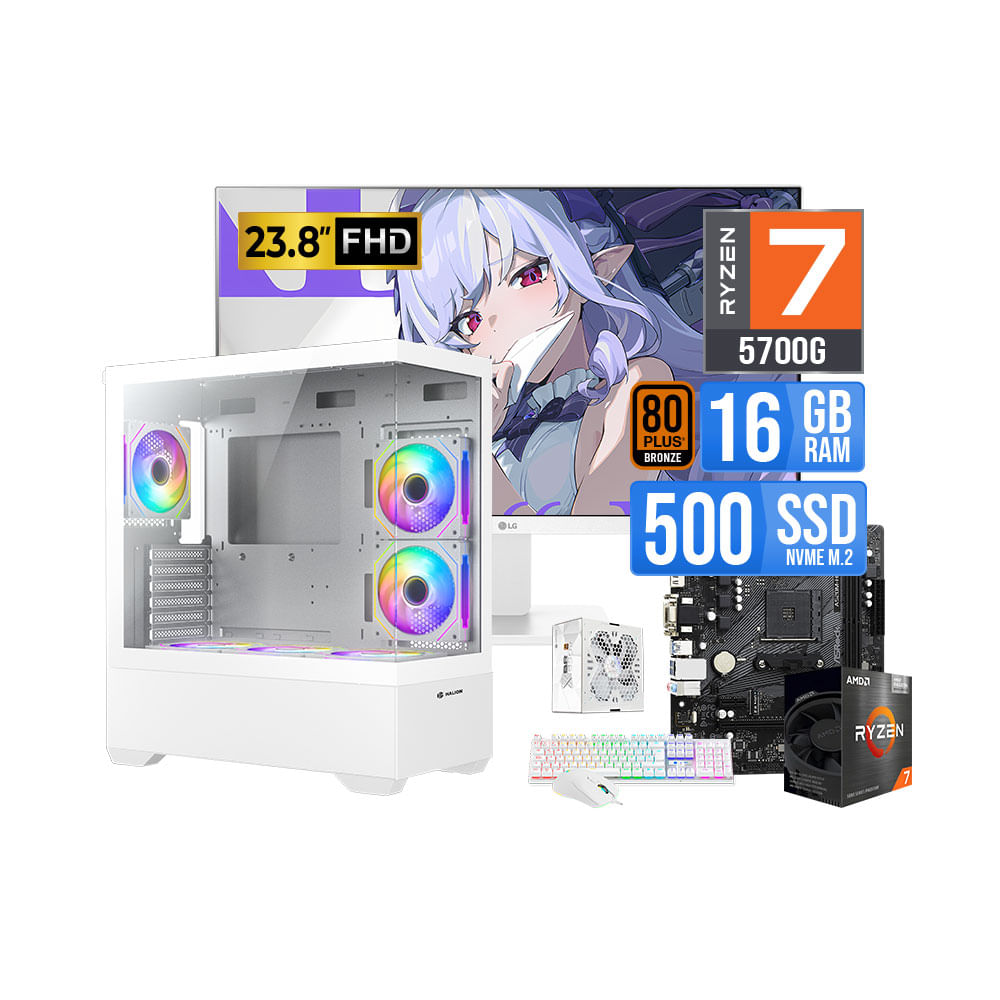 PC Gamer Ryzen 7 5700G 16GB RAM SSD 500GB NVMe Monitor LG 23.8 FHD 100Hz Blanco