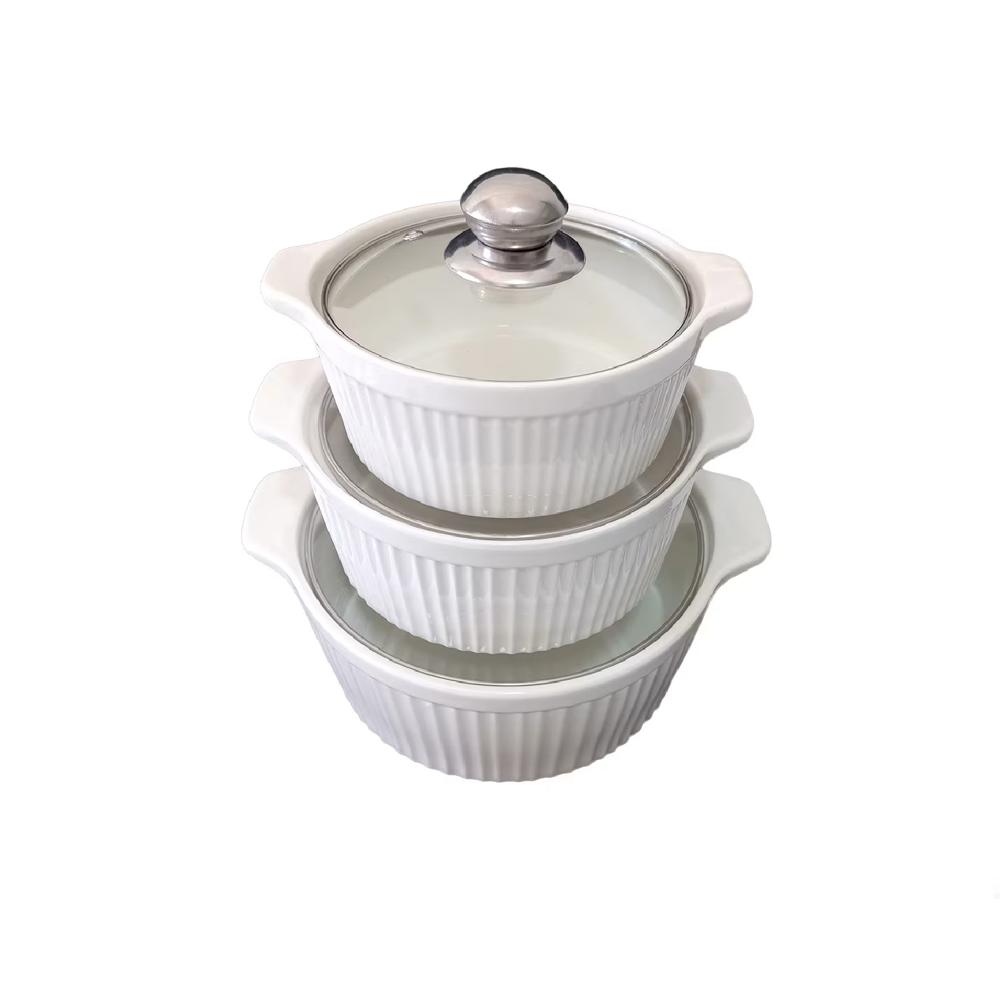 Juego de 3 cuencos de cerámica para servir con tapas de vidrio Acanalado