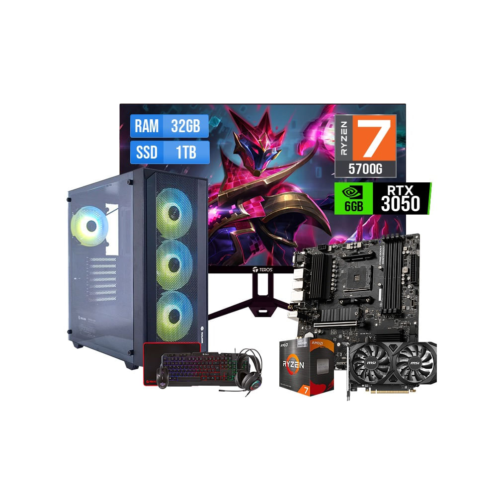 PC Gamer Ryzen 7 5700G 16GB RAM SSD NVMe 1TB RTX 3050 6GB  Monitor 23.8 120Hz Kit Gamer