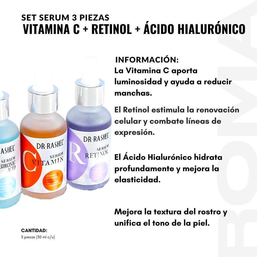 PACK 3 SET SERUM 3 PIEZAS VITAMINA C, RETINOL, AC. HIALURÓNICO PACK 3 SET SERUM 3 PIEZAS VITAMINA C, RETINOL, AC. HIALURÓNICO