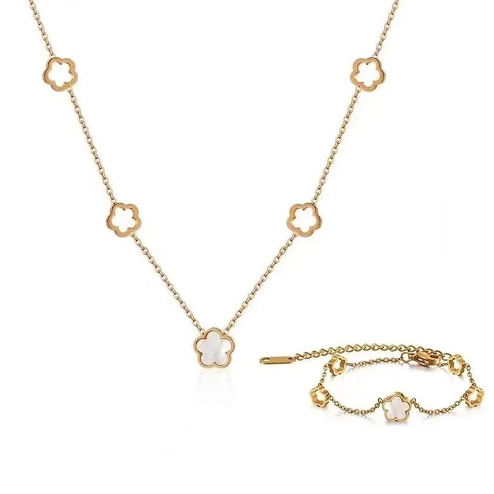 Set Collar y Pulsera Trébol Nácar Blanco Suerte Cadena Dorada Genieka