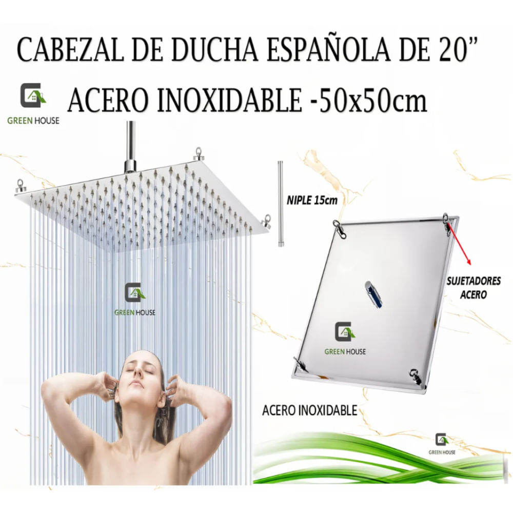 CABEZAL DE DUCHA ESPAÑOLA 20 ACERO INOXIDABLE 50x50cm NIPLE 15cm