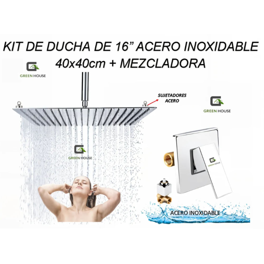KIT DE DUCHA ESPAÑOLA 16 ACERO INOXIDABLE 40x40cm MEZCLADORA DE DUCHA KIT DE DUCHA ESPAÑOLA 16 ACERO INOXIDABLE 40x40cm MEZCLADORA DE DUCHA