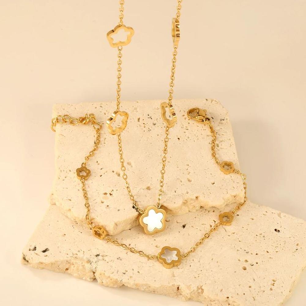 Set Collar y Pulsera Trébol Nácar Blanco Cadena Dorada Mujer Genieka