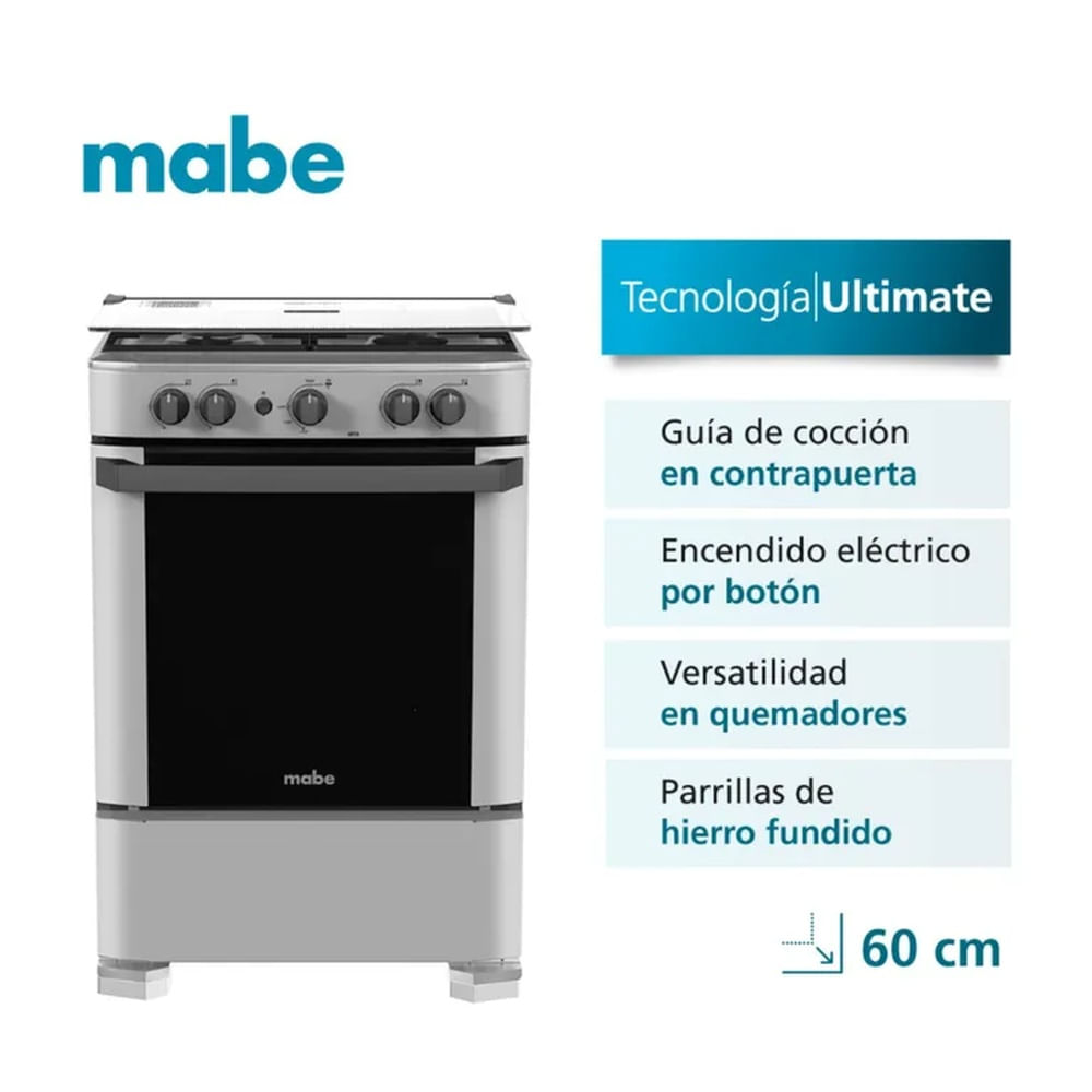 COCINA MABE CMP6010FG1 A GAS DE 4 HORNILLAS SILVER