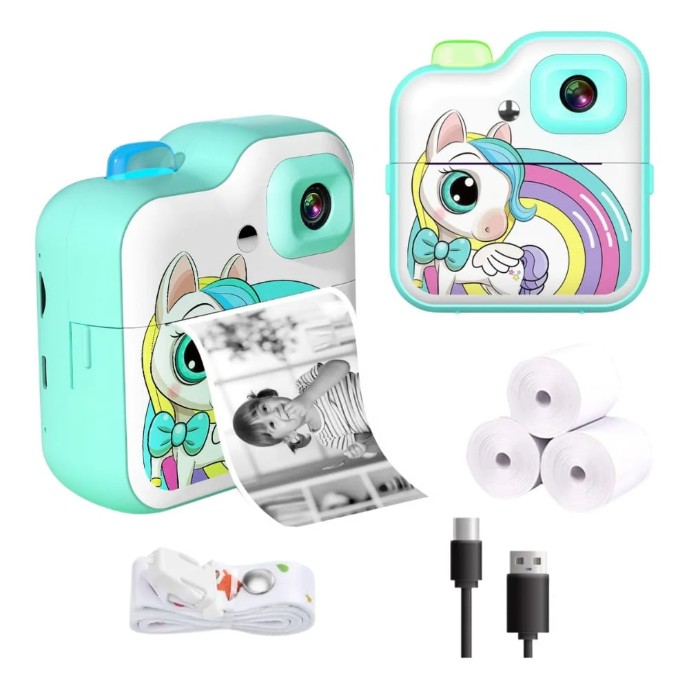Cámara Para Niños 1080p Con Impresora Térmica Unicornio Turquesa Cámara Para Niños 1080p Con Impresora Térmica Unicornio Turquesa