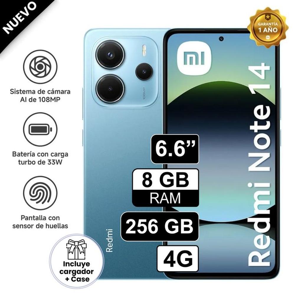 Celular Xiaomi Redmi Note 14 4G 256GB 8GB RAM cámara 108MP cámara frontal 20MP 6.6 Pulg Azul