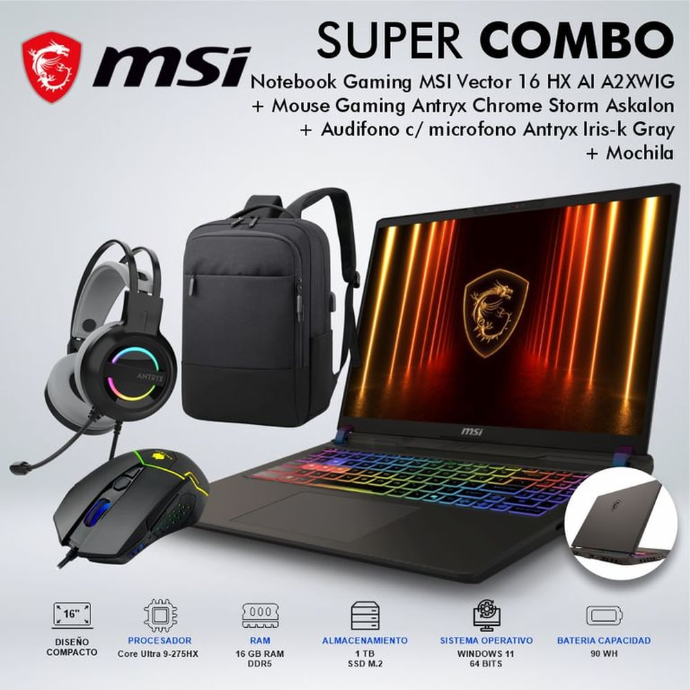 LAPTOP GAMING MSI VECTOR 16 HX AI A2XWIG CORE ULTRA 9-275HX MEMORIA 16GB DISCO 1TB  9S715M352084