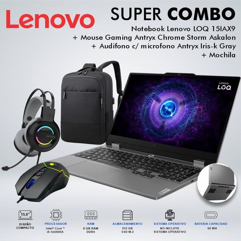 LAPTOP LENOVO LOQ 15IAX9 CORE i5-12450HX MEMORIA 8GB DISCO 512GB SSD M2 83GS006WLMCDSPE