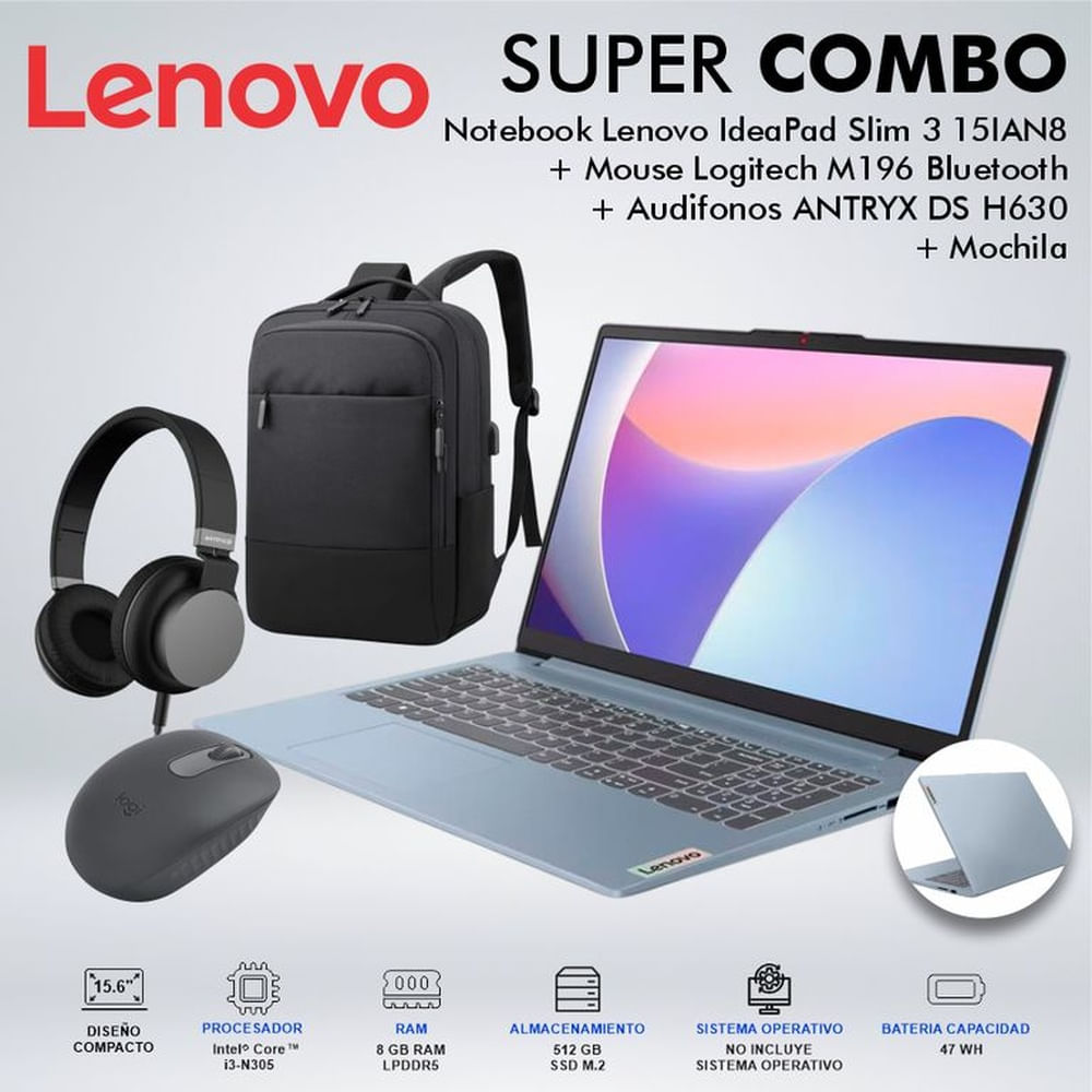 LAPTOP LENOVO IDEAPAD SLIM 3 15IAN8 CORE i3-N305 MEMORIA 8GB DISCO 512GB SSD M2 82XB003MLMCDSPE