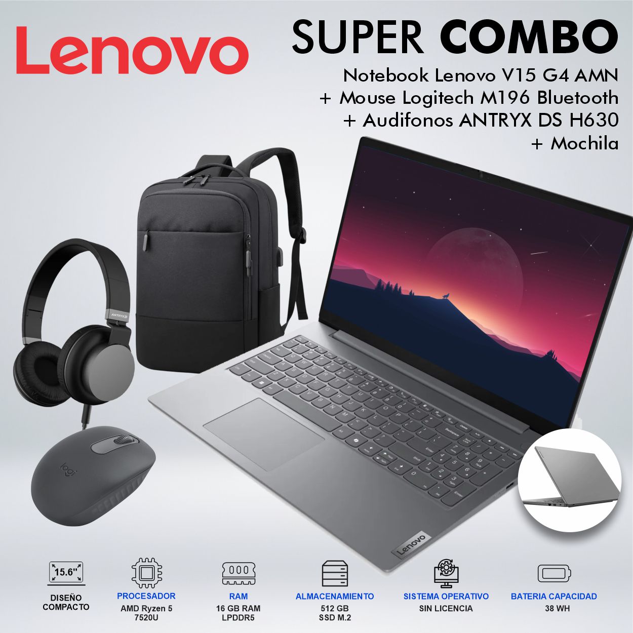 LAPTOP LENOVO V15 G4 AMD RYZEN 5 7520U MEMORIA 16GB DISCO 512GB SSD M2  82YU00XYLMCDSPE