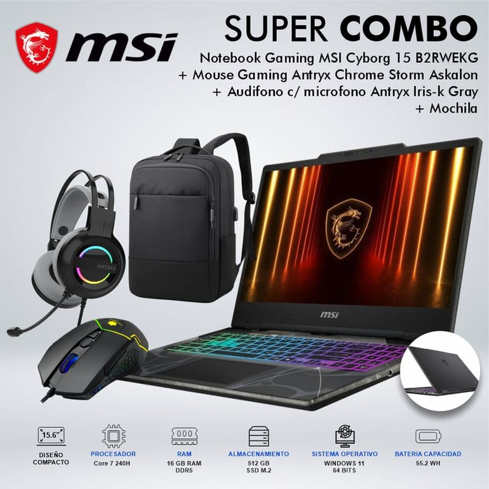 LAPTOP GAMING MSI CYBORG 15 B2RWEKG CORE 7-240H MEMORIA 16GB DISCO 512GB CYBORGB2RWEKG