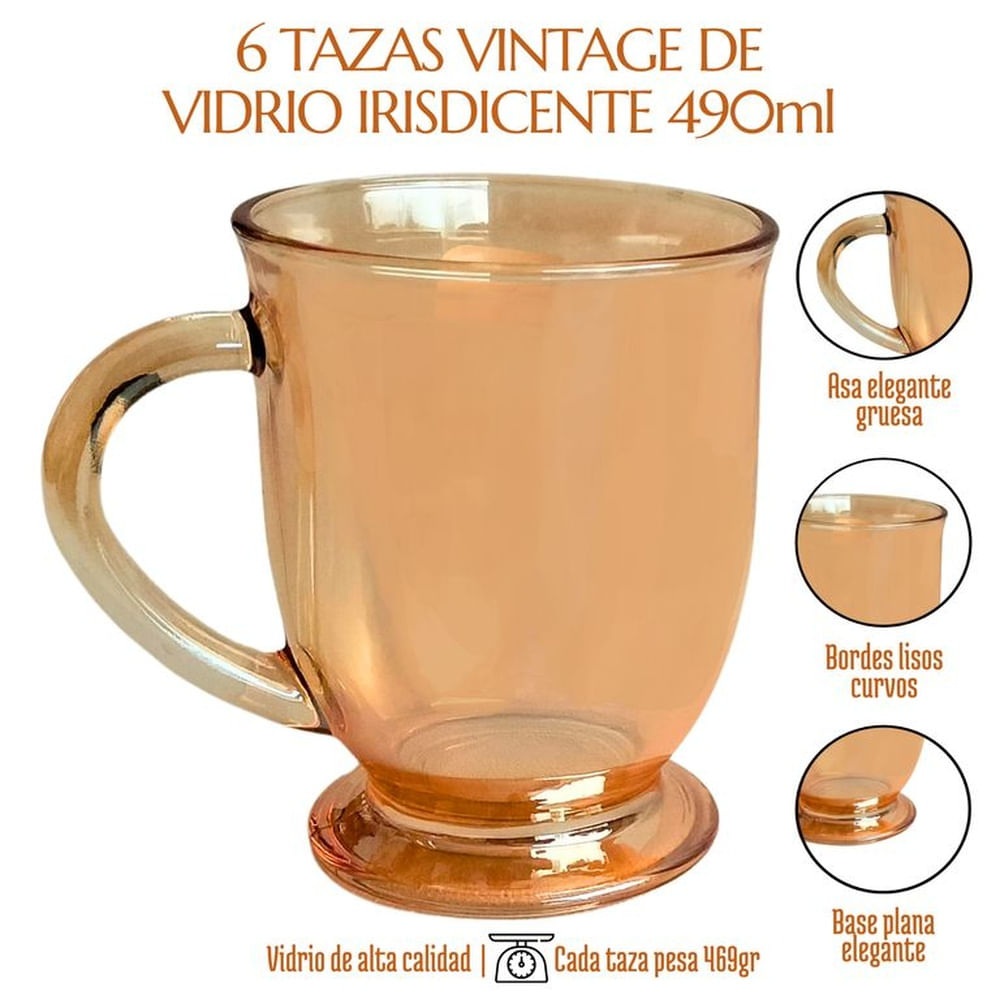 6 Tazas Vidrio Templado Iridiscente Vintage Retro con Pedestal 490ml
