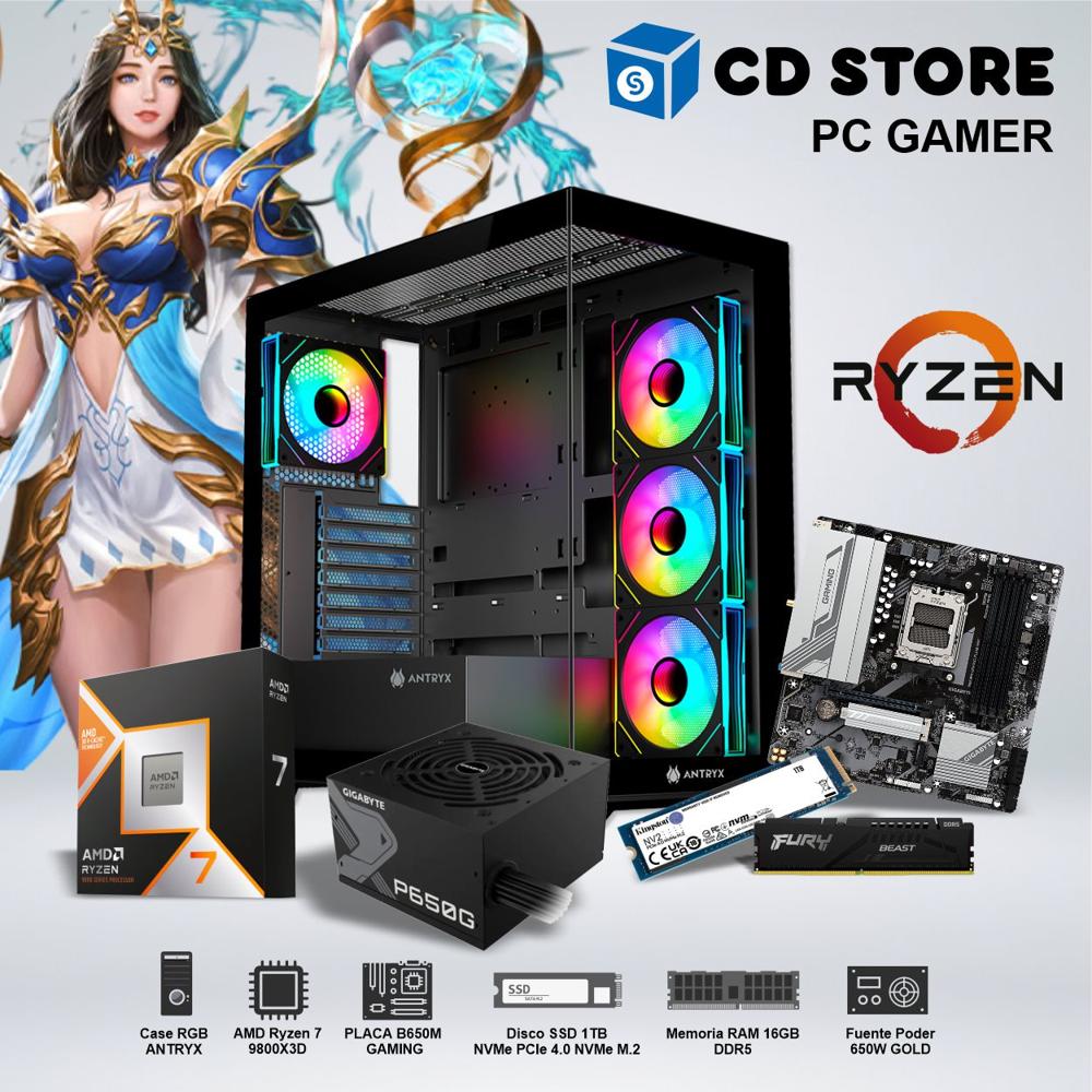 PC Gamer - RYZEN 7 9800X3D RAM 16GB SSD 1TB CASE RGB FUENTE GOLD 650W
