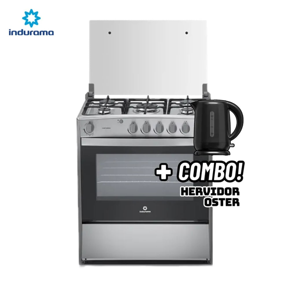 COCINA DE PIE INDURAMA A GAS 5 HORNILLAS CROMA - CANTABRIA - HERVIDOR OSTER NEGRO