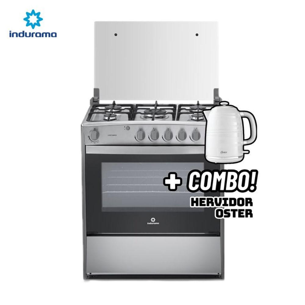 COCINA DE PIE INDURAMA A GAS 5 HORNILLAS CROMA - CANTABRIA - HERVIDOR OSTER BLANCO