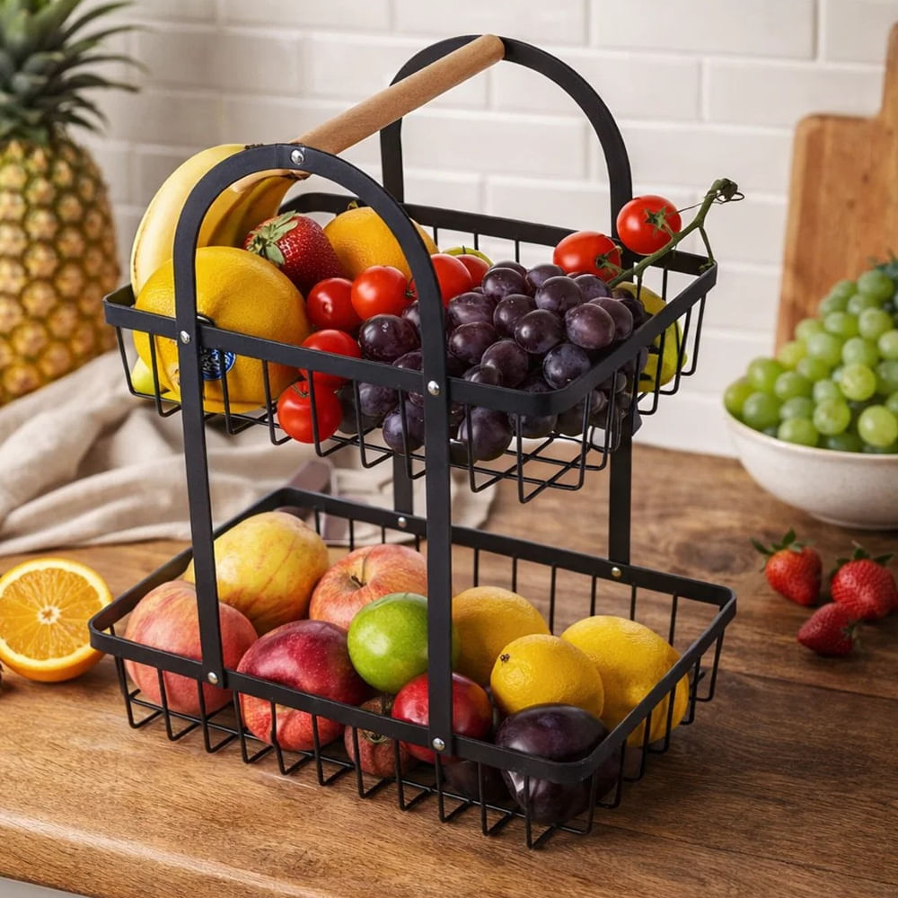 Frutero Organizador 2 Niveles Negro con Mango de Madera Natural
