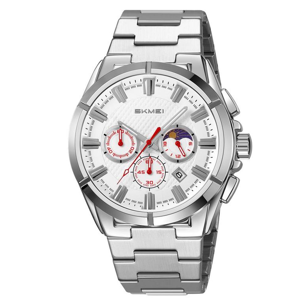 Reloj Skmei 9355 MOON PHASE Plateado Cronómetro Correa Acero