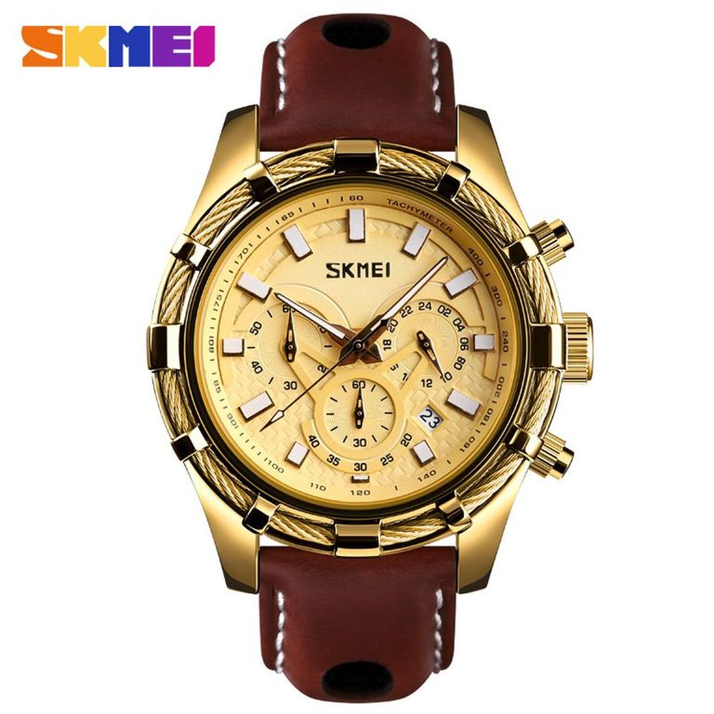 Reloj Skmei 9189 Marrón Fondo Dorado Correa de cuero