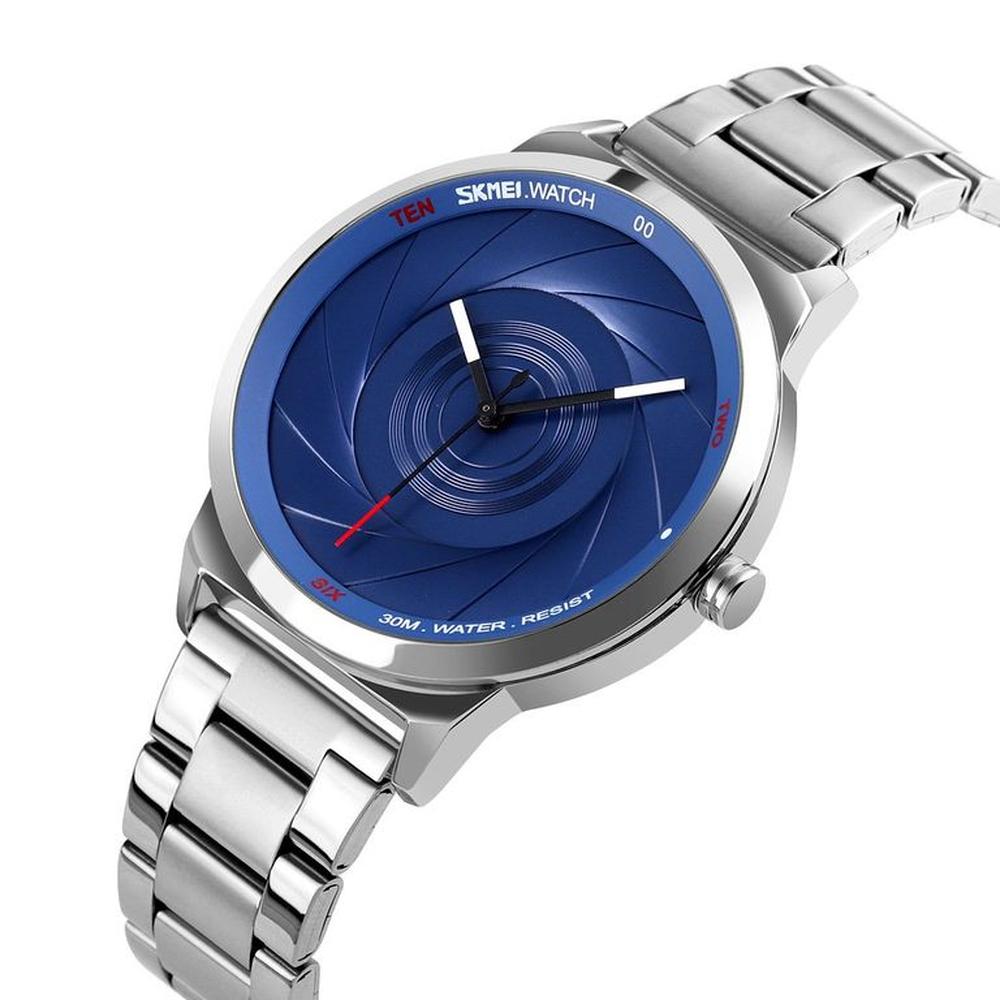 Reloj Skmei 9210 Plateado fondo Azul analógo correa Acero