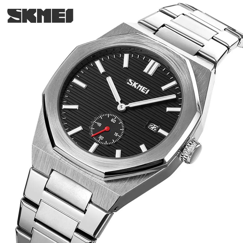 Reloj Skmei 9262 Plateado fondo NEGRO analógo correa Acero