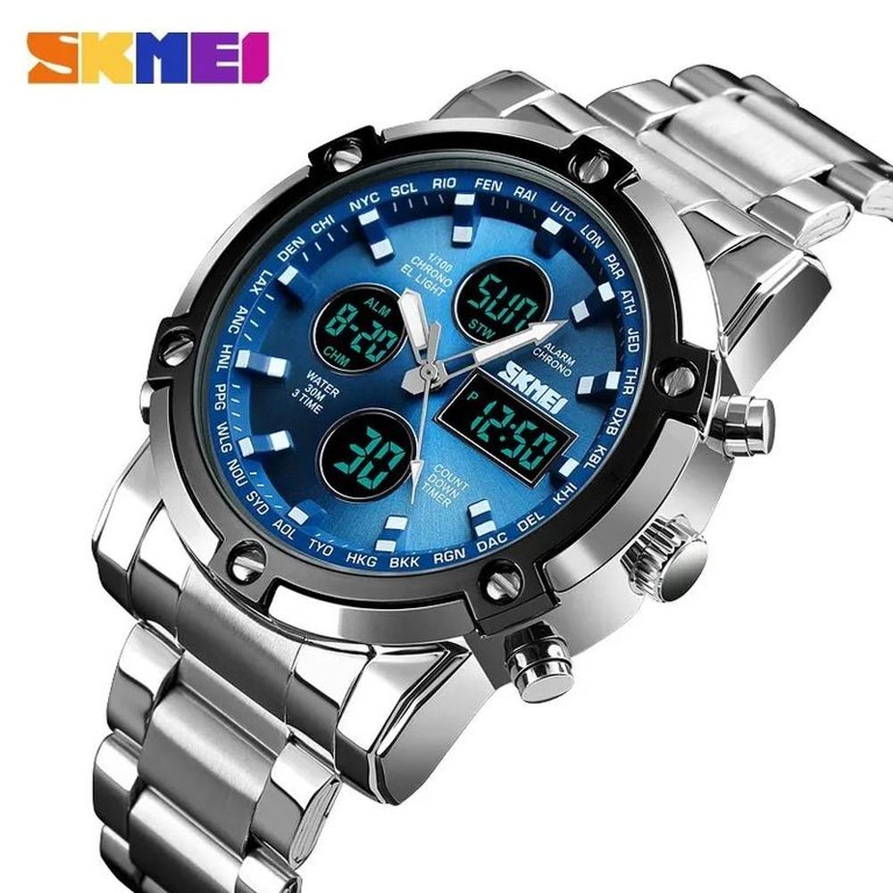 Reloj Skmei 1389 Plateado fondo azul Correa acero Plateado Reloj Skmei 1389 Plateado fondo azul Correa acero Plateado