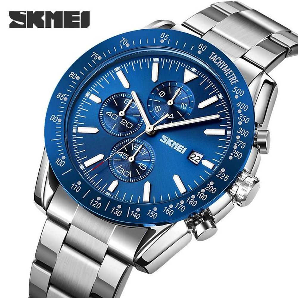 Reloj Skmei 9253 AZUL BORDES PLATEADOS CORREA ACERO