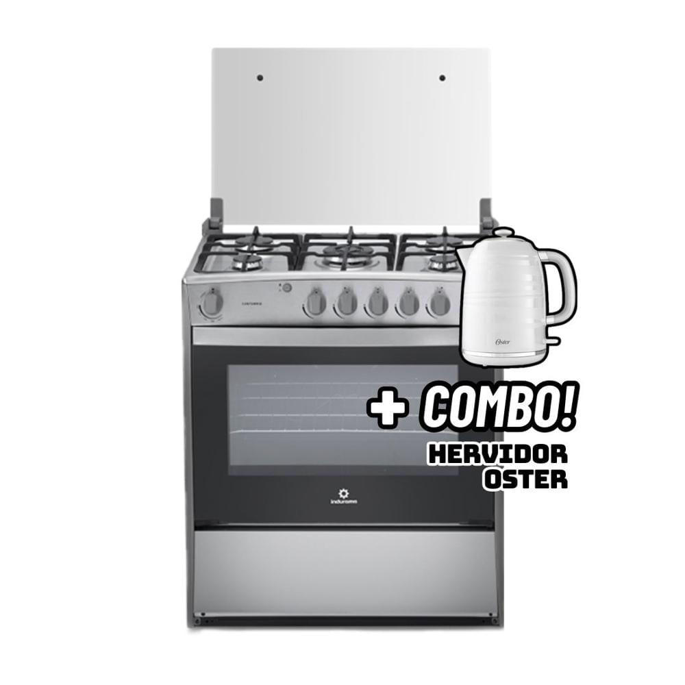 COCINA DE PIE INDURAMA A GAS 5 HORNILLAS CROMA - CANTABRIA + HERVIDOR OSTER BLANCO